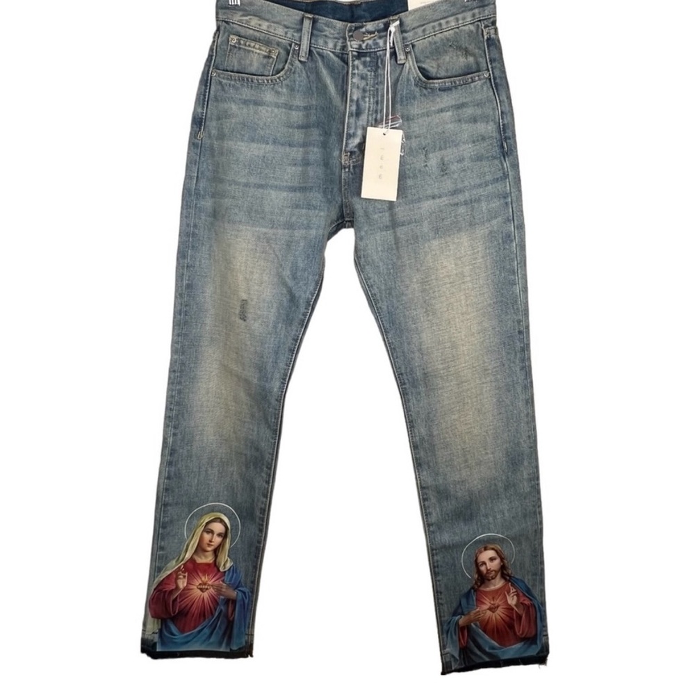 Blue Jeans with Religious Print